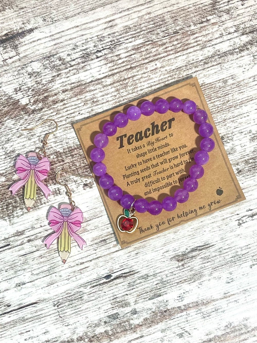 Back To School Teacher Purple Beaded Bracelet with Bow Pencil Earrings Set